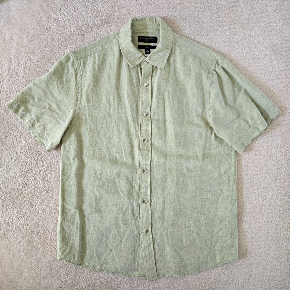 LNWOT Banana Republic Linen Blend Short Sleeve Button Up Shirt, Size M, Green